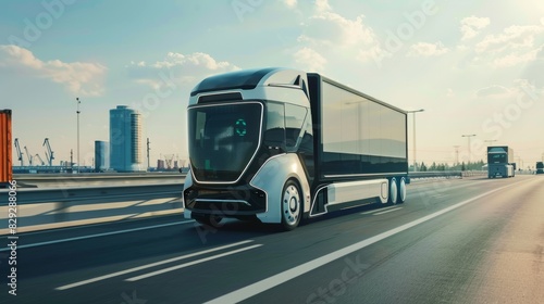 A concept of a self-driving delivery truck on a highway, logistics, dynamic and dramatic compositions. Background for business