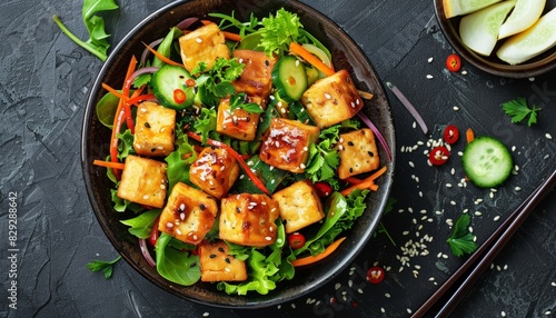 Top view of a salad bowl with vegan Chinese and Japanese vegetables and fried tofu