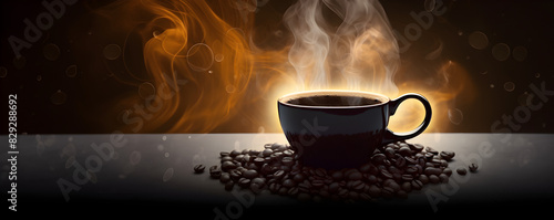 A cup of coffee with a black background., Black Coffee Moment: Hot Cup of Coffee on Dark Background - Adobe Stock photo