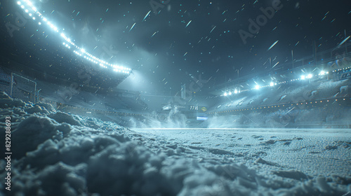 A stadium is covered in snow and the lights are on. Scene is cold and desolate photo