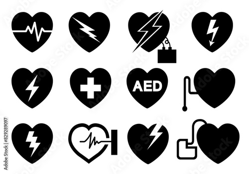 AED Automated External Defibrillator Black Icon Set Symbol Sign, Vector Illustration, Isolate On White Background Label .EPS10