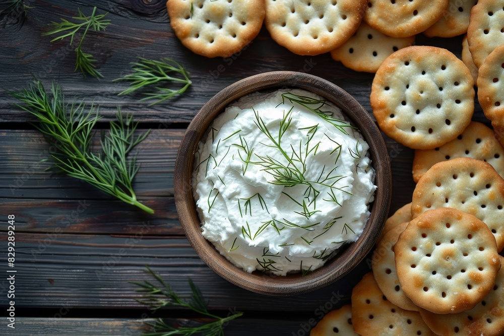 Top view of dill cream cheese on salty crackers Top view of dill cream cheese on salty crackers