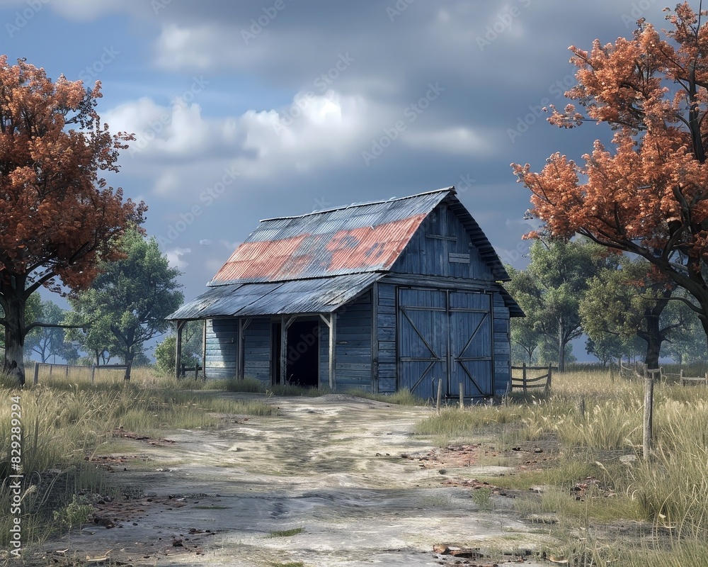 Rustic barn amidst autumn foliage, set against a cloudy sky. Perfect for themes of countryside life and seasonal beauty. Rustic barn amidst autumn foliage, set against a cloudy sky. Perfect for themes of countryside life and seasonal beauty.