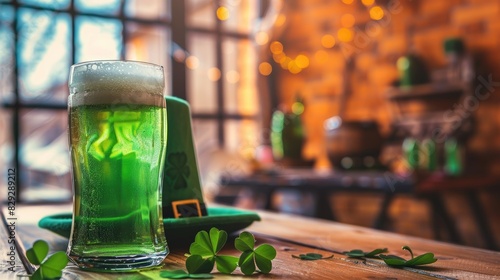 Celebrating St Patrick s Day with green beer leprechaun hat and clover leaves on a table photo