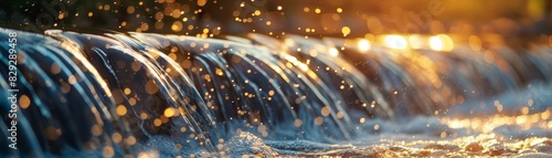 Golden sunlight sparkles on water cascading over a rural spillway photo