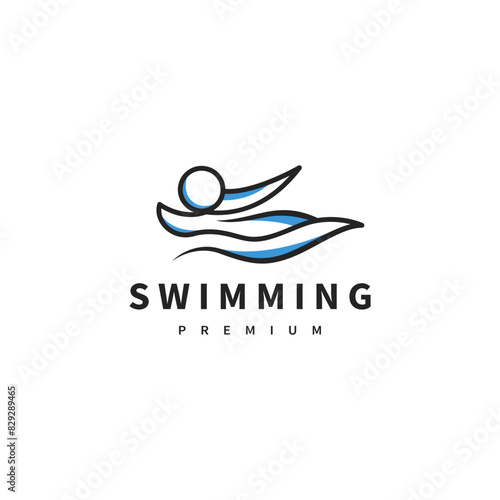 swimming logo design with athlete swim and sea wave