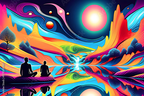 Intelligent figures sit on a riverbank in deep thought, amidst a cosmic, psychedelic landscape. Vibrant colors reflect in the water, blending interstellar and earthly elements in a surreal digital mas