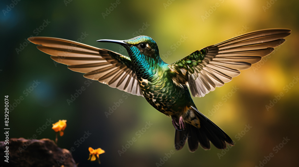 Obraz premium A hummingbird gracefully hovers above a vibrant flower