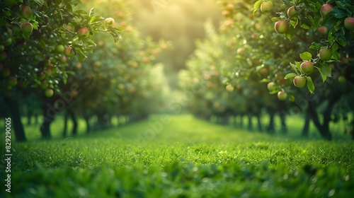 Shallow Depth Field Orchard: A Tranquil Farm of Apple Trees photo