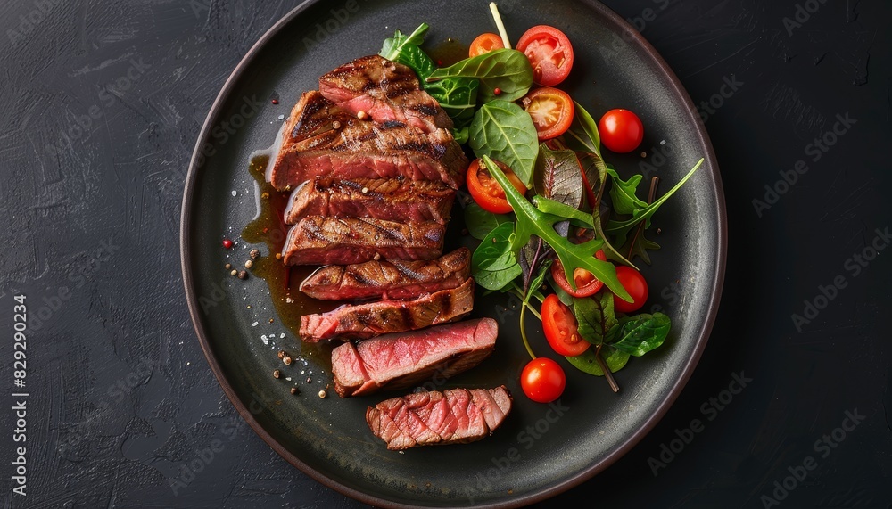 Top view of plate with grilled sirloin steak and vegetable salad on a dark background