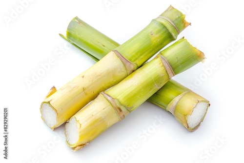 Top view of peeled fresh sugar cane on white surface