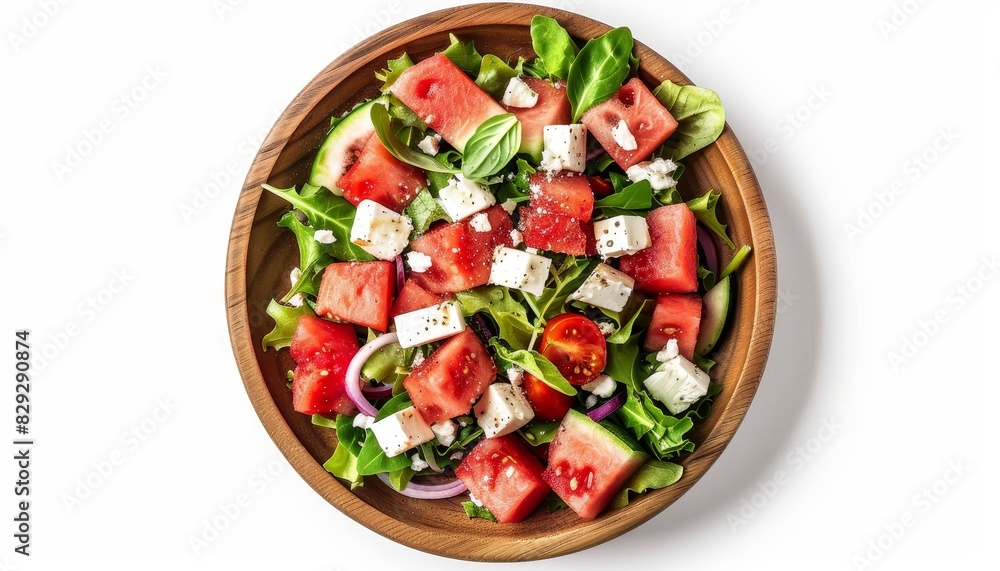 Top view of watermelon salad with feta cheese on wooden plate against a white backdrop Top view of watermelon salad with feta cheese on wooden plate against a white backdrop