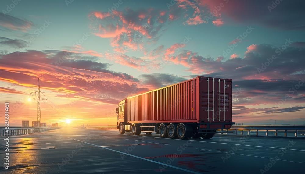 Transporting goods on a highway with a red container symbolizing transportation and logistics on an expressway at sunrise Transporting goods on a highway with a red container symbolizing transportation and logistics on an expressway at sunrise