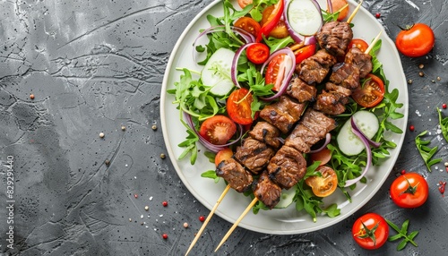 Traditional Middle Eastern Turkish Kebab Grilled beef kebabs on sticks served with fresh vegetable salad on a rustic concrete background from above photo