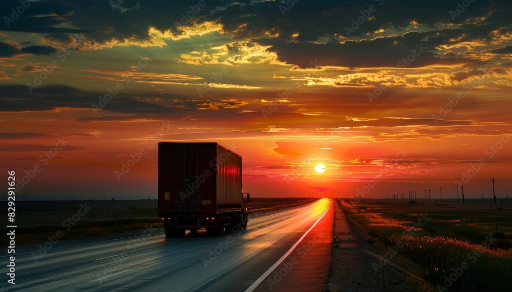 Truck driving on the road at dusk Truck driving on the road at dusk