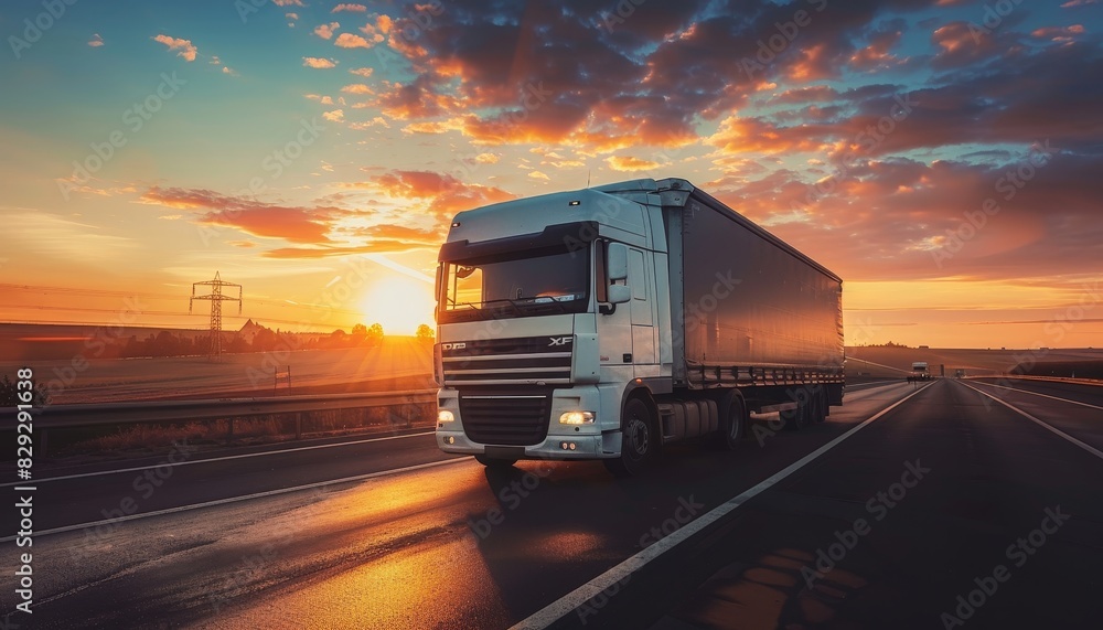 Truck speeding and delivering at sunrise