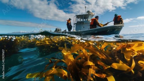 Kelp harvesting in a beautiful ocean setting, showcasing the natural environment and healthy kelp photo