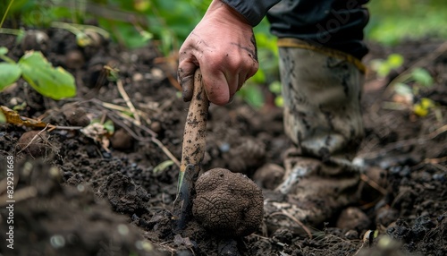 Truffle hunter exhibits newly unearthed summer truffle using a traditional shovel photo
