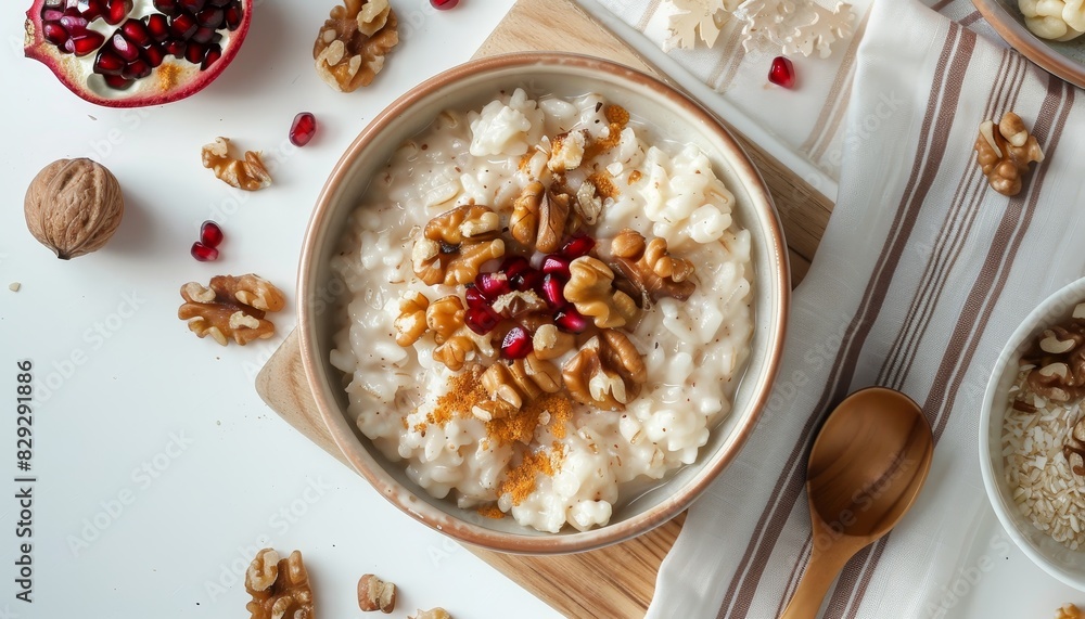 Turkish rice pudding with walnuts and pomegranate on a striped napkin Turkish rice pudding with walnuts and pomegranate on a striped napkin