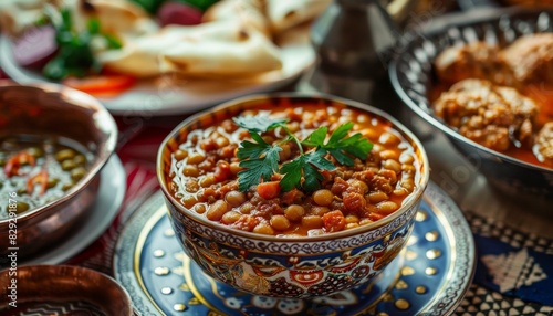 Turkish Kuru Fasulye dish served on a traditional table with bean decoration photo