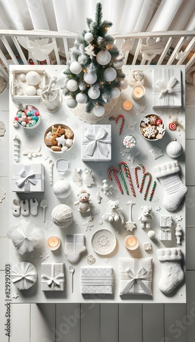 White Christmas Magic: A Festive Top-View Setup for Kids.