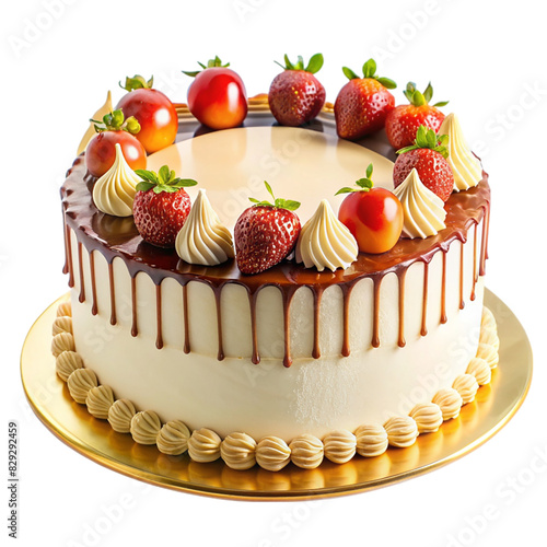 A cake with white frosting and strawberries on transparent background