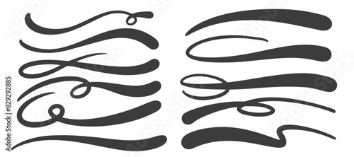 Swoosh and swish vector underlines. Hand drown swirl swashes. Curly strokes with squiggle tails. Elegant calligraphic decorative elements. Flourish vintage shapes