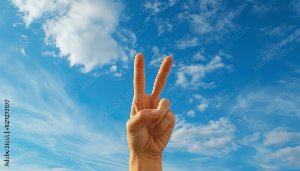 Two fingers signaling in sign language against a sky backdrop Two fingers signaling in sign language against a sky backdrop
