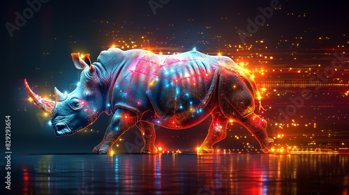 A rhinoceros is walking through a field of glowing lights. The rhino is surrounded by a colorful, sparkling effect that makes it look like it's walking through a magical, otherworldly landscape. photo