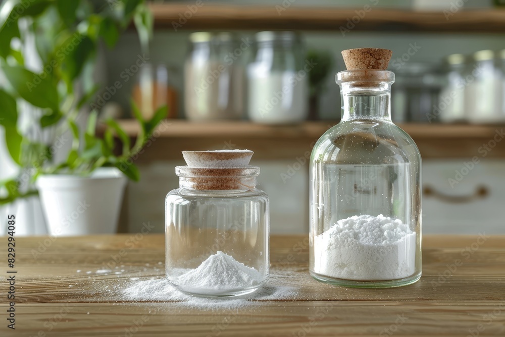 Using baking soda and white vinegar for cleaning in kitchen Vinegar in bottle soda in jar Using baking soda and white vinegar for cleaning in kitchen Vinegar in bottle soda in jar