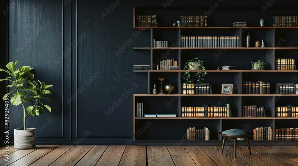Contemporary Dark Wood Bookshelf with Illuminated Shelves Against a Gray Wall