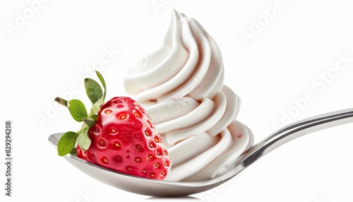 Vanilla and strawberry frozen yogurt on a spoon White background