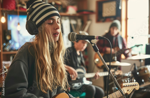 A young girl with long blonde hair and a black headband, wearing headphones singing into the microphone in front of her while playing guitar in a home studio