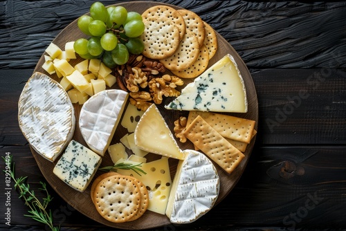 Various cheeses on round wooden board Camembert oak grated cheese hard cheese slices walnuts grapes crackers bread thyme dark wood background top view