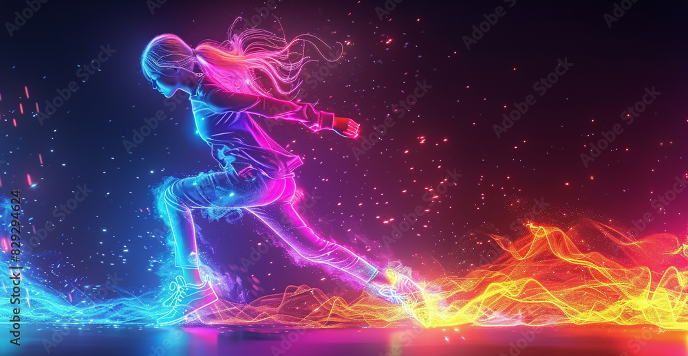 A woman is running in a colorful, neon background. Concept of energy and movement, as the woman's figure is surrounded by a vibrant, dynamic environment A woman is running in a colorful, neon background. Concept of energy and movement, as the woman's figure is surrounded by a vibrant, dynamic environment