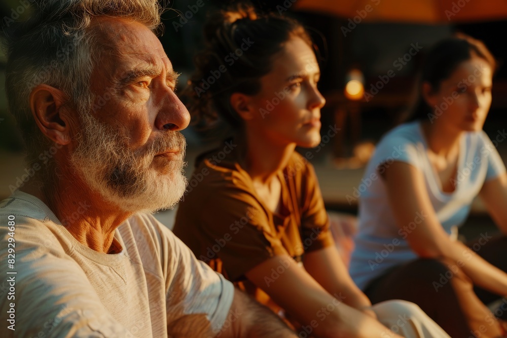 Senior man sitting in lotus position with his family in background. Senior man sitting in lotus position with his family in background.