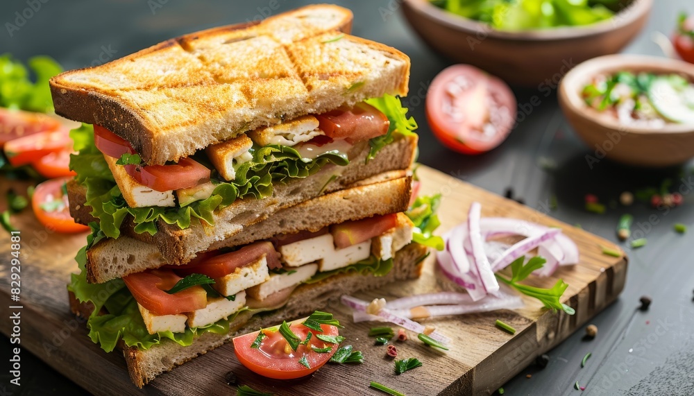 Vegetable paneer sandwich with tomato onion lettuce and chutney using cottage cheese Vegetable paneer sandwich with tomato onion lettuce and chutney using cottage cheese
