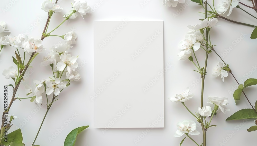 Vertical card mockup white flowers on background wedding invitation and menu template