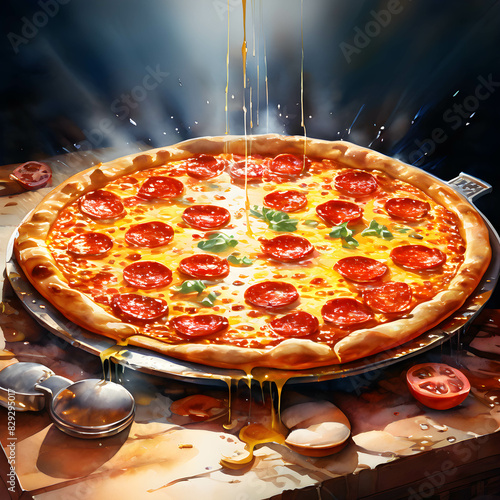 Delicious pepperone pizza with melted cheese cascading down the sides. photo