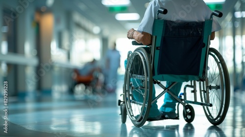 An elderly patient in a wheelchair navigates a bright hospital corridor, with healthcare workers and patients in the background.