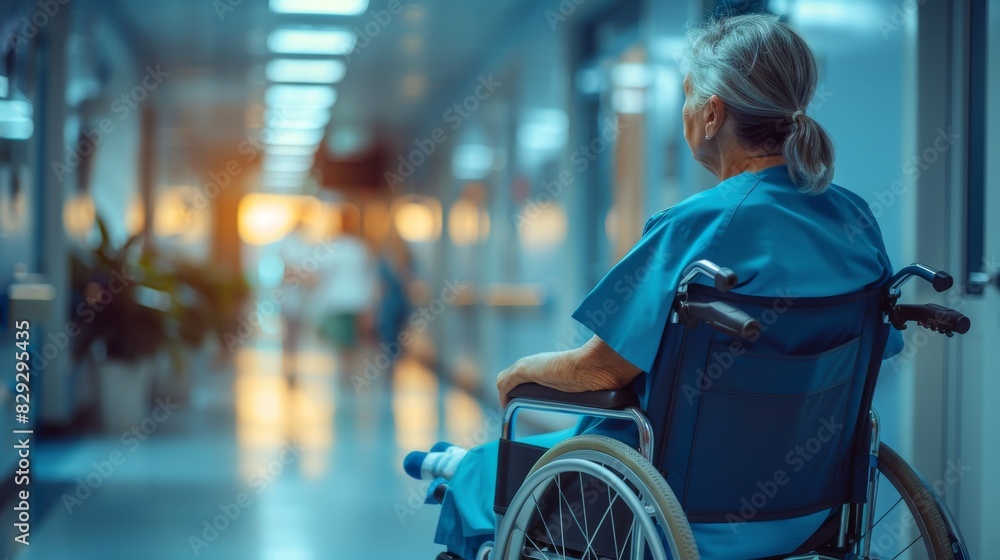 Obraz premium An elderly patient in a wheelchair navigates a bright hospital corridor, with healthcare workers and patients in the background.