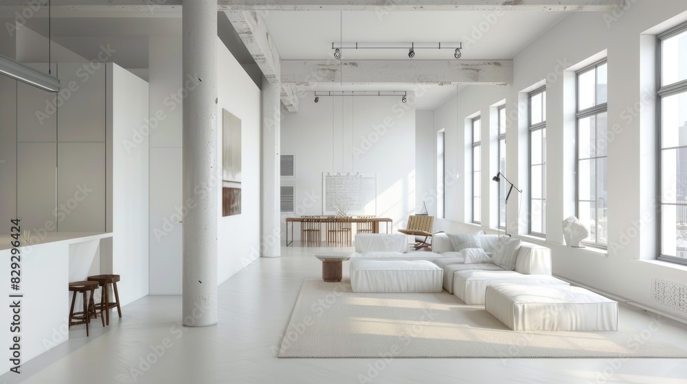 A spacious and airy loft apartment with white walls and open floor plan, showcasing modern minimalist design principles and a sense of tranquility.