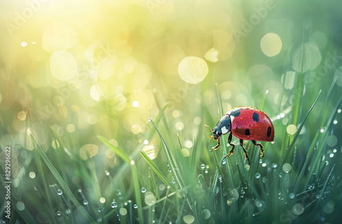 A ladybug perched on the edge of green grass, with dewdrops glistening in its red shell and black dots.