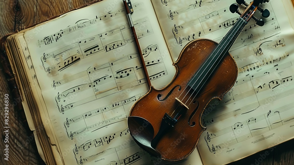 Fototapeta premium A violin is sitting on top of sheet music