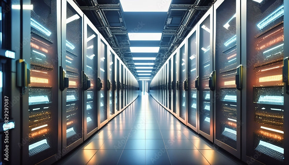 Fototapeta premium Organized data center racks with colorful indicator lights