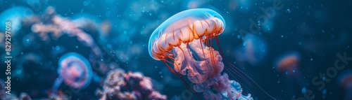  Ethereal jellyfish floating in a deep blue oceanic abyss photo