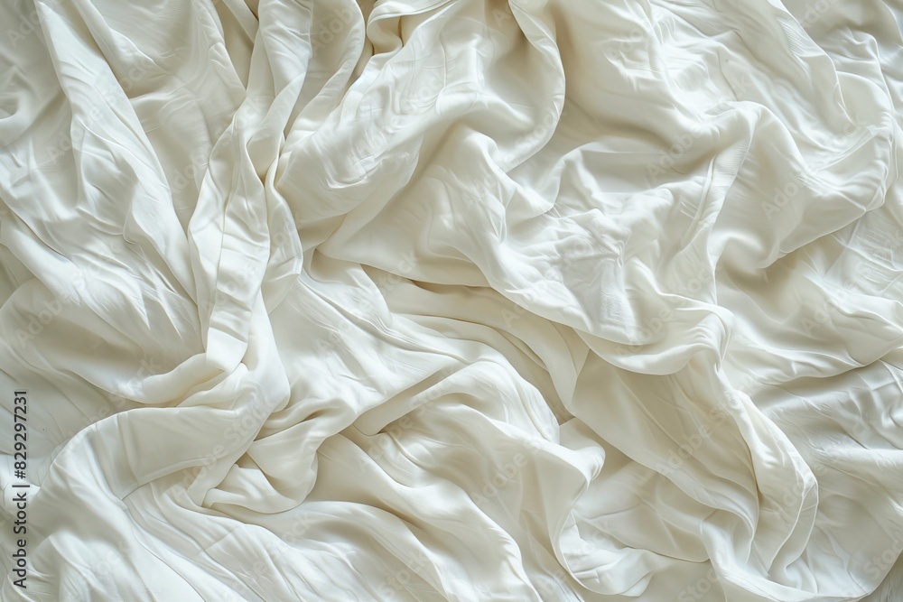 White crumpled bed sheet in hotel room with various fiber options for manufacturing White crumpled bed sheet in hotel room with various fiber options for manufacturing