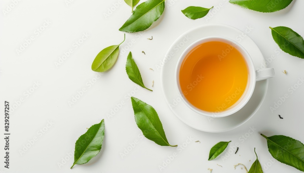 White cup with ginger tea and leaves on white background White cup with ginger tea and leaves on white background