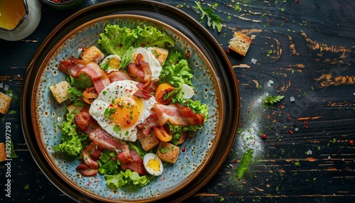 Vosges salad with egg bacon crouton lettuce and vinaigrette on a rustic table