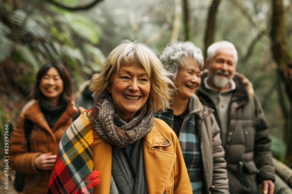 Group of seniors walking in the forest - Four pensioners having fun together Group of seniors walking in the forest - Four pensioners having fun together